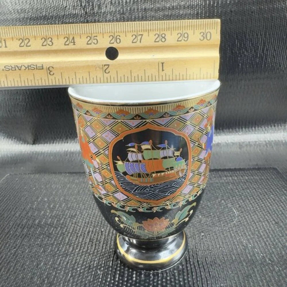Japanese Oriental Ceramic Goblet Drinking Cups Tumblers Ships Pattern Set 2 Cups